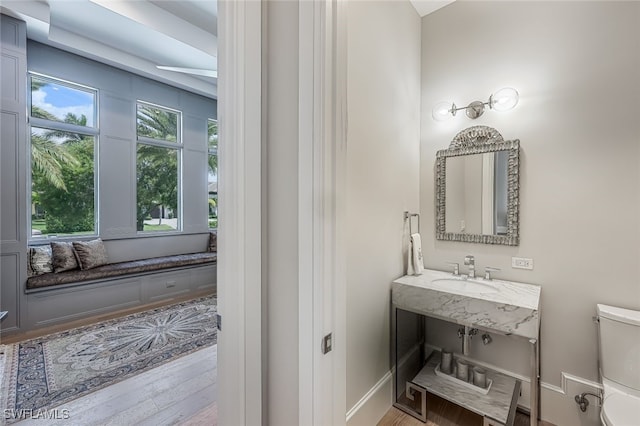 bathroom with wood-type flooring, toilet, and sink