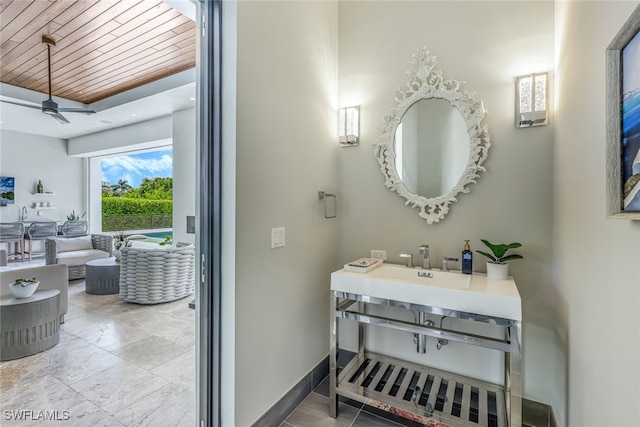 bathroom featuring ceiling fan and wooden ceiling