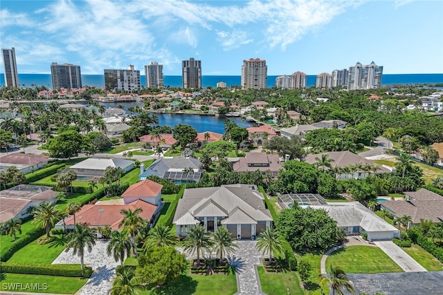 drone / aerial view featuring a water view