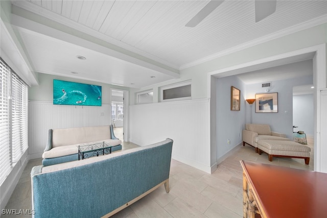 bedroom featuring ceiling fan, ornamental molding, and wooden ceiling