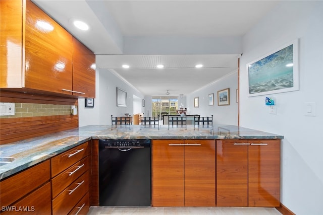 kitchen featuring decorative backsplash, stone countertops, black dishwasher, and kitchen peninsula