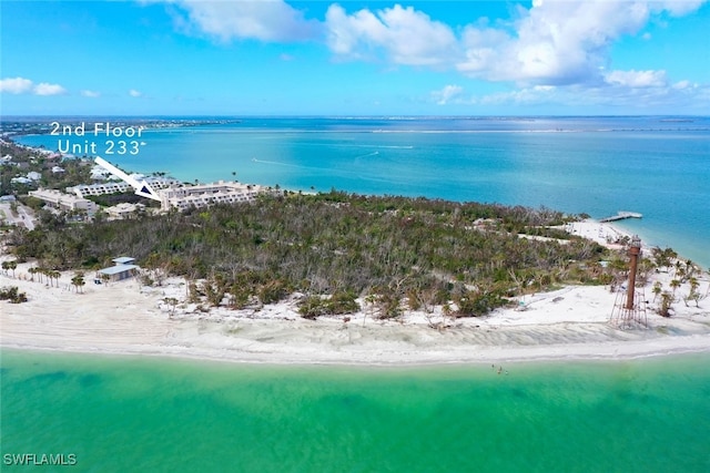 aerial view featuring a water view and a beach view