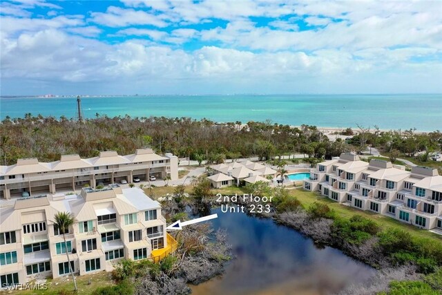 drone / aerial view featuring a water view