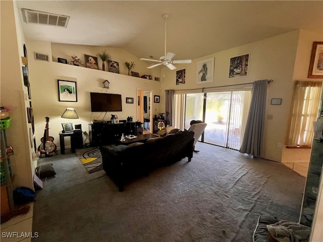 carpeted living room with high vaulted ceiling and ceiling fan