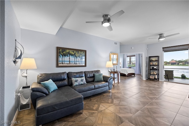 living room with ceiling fan