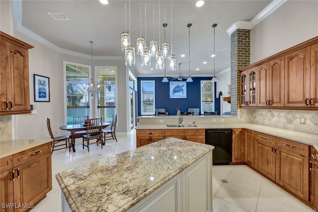 kitchen with dishwasher, crown molding, tasteful backsplash, and a sink