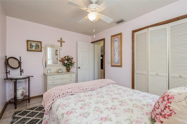 bedroom featuring tile patterned flooring, ceiling fan, and a closet