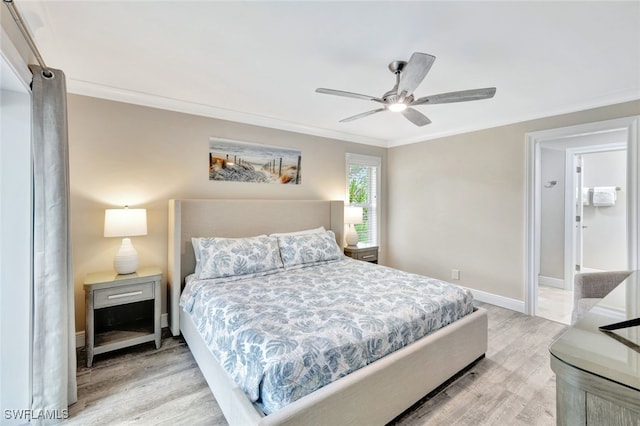 bedroom with ceiling fan, light wood-type flooring, and crown molding