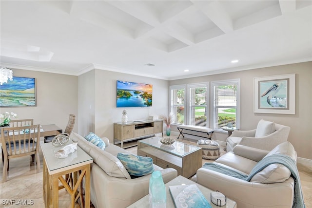 living room with beamed ceiling, ornamental molding, an inviting chandelier, and coffered ceiling