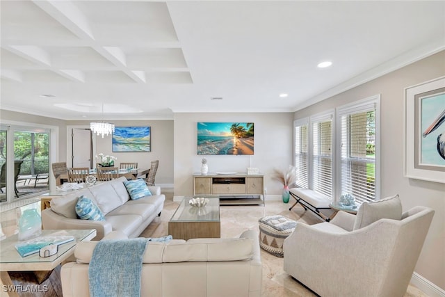 living room featuring beamed ceiling, an inviting chandelier, crown molding, and coffered ceiling