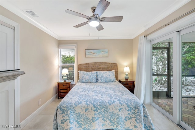 bedroom featuring ceiling fan, light tile patterned flooring, crown molding, and access to outside