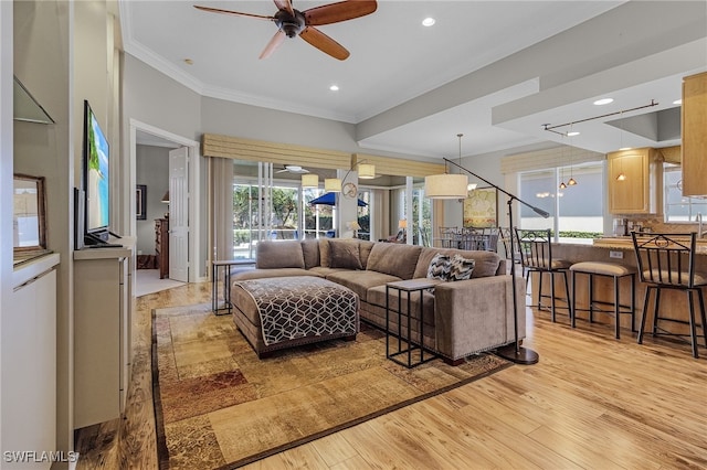 living room featuring ceiling fan, ornamental molding, and light hardwood / wood-style flooring