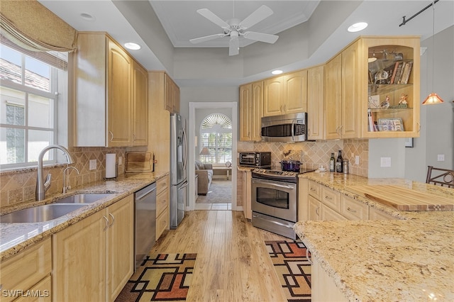 kitchen with appliances with stainless steel finishes, light brown cabinets, light hardwood / wood-style floors, and sink