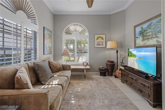 living room featuring light tile patterned flooring, ornamental molding, and a textured ceiling