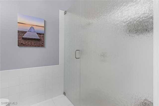 bathroom featuring a shower with shower door