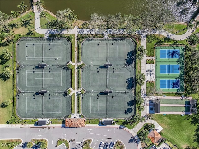 drone / aerial view featuring a water view