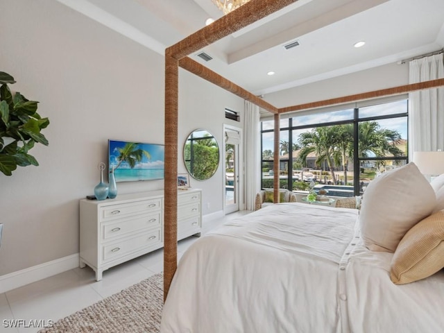 bedroom featuring light tile patterned flooring and access to outside