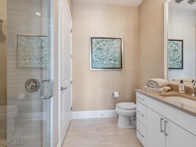 bathroom featuring tile patterned flooring, vanity, toilet, and an enclosed shower