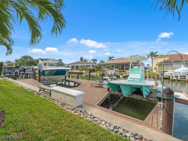 view of dock with a water view and a lawn