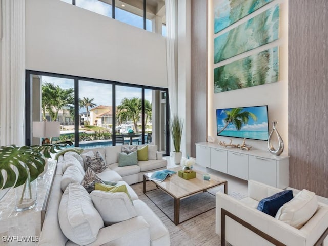 living room with a towering ceiling