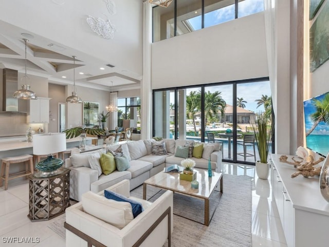 living room with beamed ceiling, light tile patterned floors, a towering ceiling, and coffered ceiling