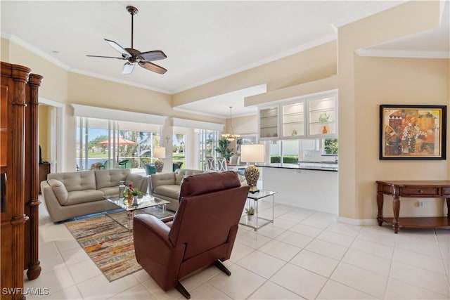 tiled living room featuring crown molding and ceiling fan with notable chandelier