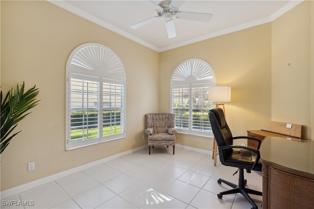 office space with crown molding, light tile patterned floors, and ceiling fan