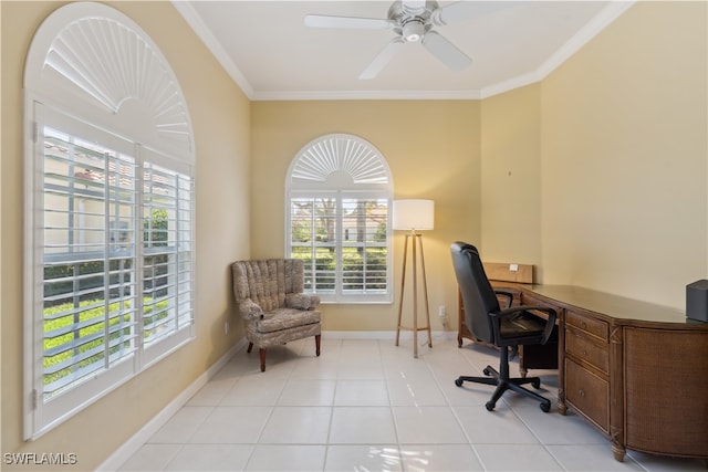 office featuring ornamental molding, light tile patterned floors, and ceiling fan