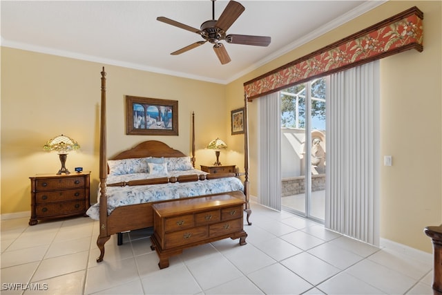 bedroom with ornamental molding, light tile patterned flooring, access to exterior, and ceiling fan