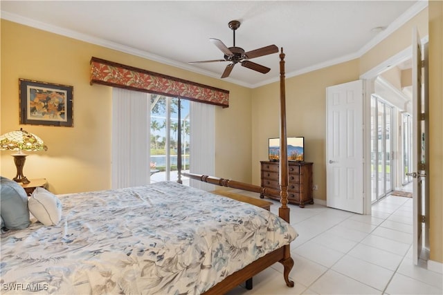 5051 Jarvis Ln, Naples, FL 34119 - bedroom with access to outside, crown molding, light tile patterned floors, and a ceiling fan