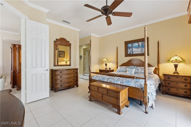 bedroom featuring ornamental molding, ceiling fan, and light tile patterned flooring