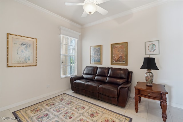 tiled living room with ornamental molding and ceiling fan