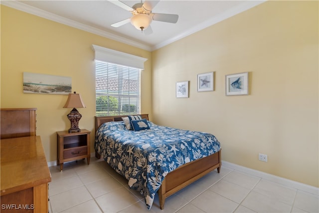 bedroom featuring crown molding, light tile patterned floors, and ceiling fan