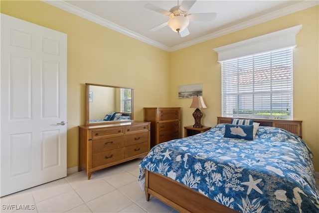 bedroom featuring ornamental molding, light tile patterned floors, and ceiling fan