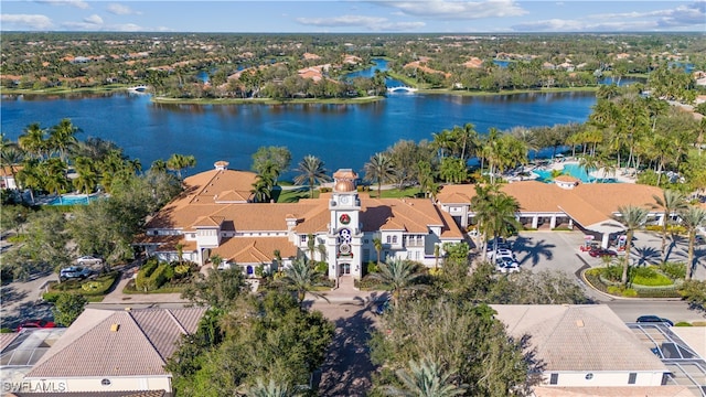 birds eye view of property featuring a water view