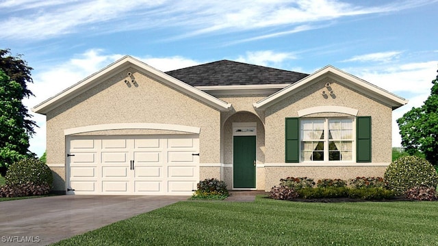 view of front of home with a front lawn and a garage