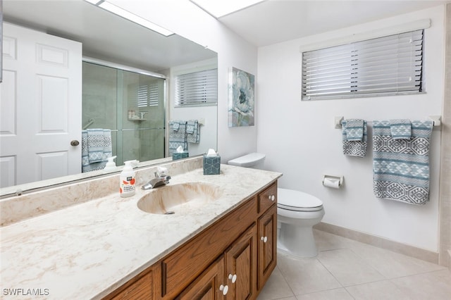 bathroom featuring tile patterned flooring, vanity, toilet, and an enclosed shower