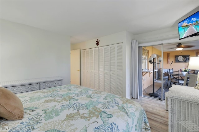 bedroom with light hardwood / wood-style floors and a closet