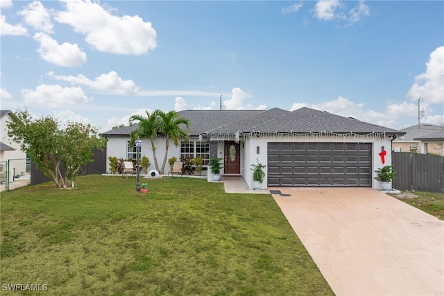 ranch-style house with a front yard and a garage