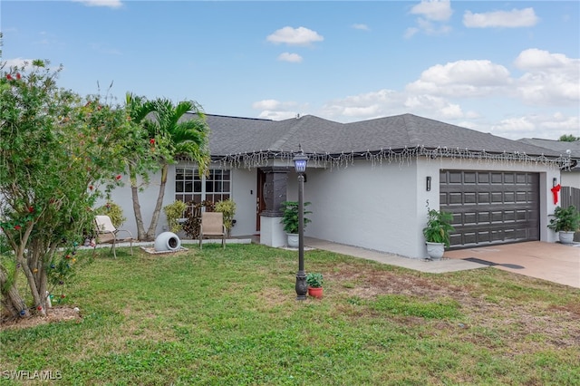 ranch-style home featuring a garage and a front lawn