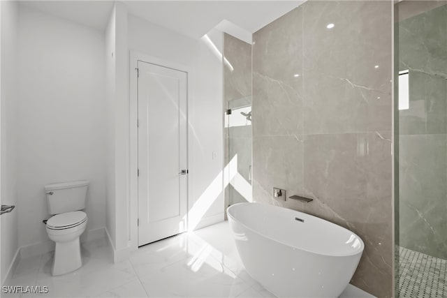 bathroom with independent shower and bath, tile walls, and toilet