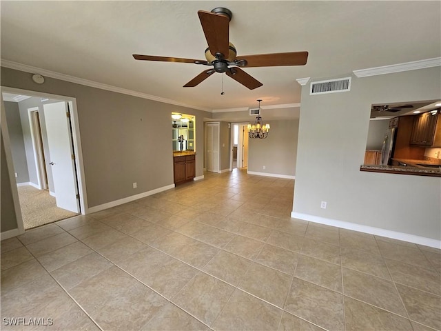 unfurnished living room with ornamental molding, ceiling fan with notable chandelier, and light tile patterned floors