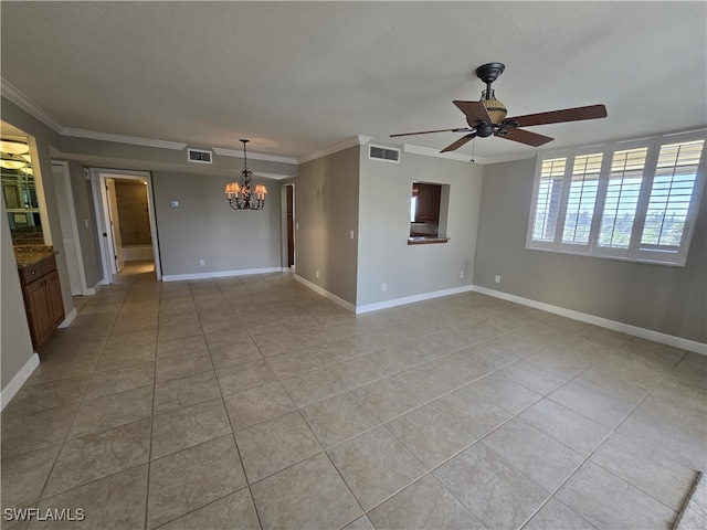 tiled spare room with crown molding and ceiling fan with notable chandelier