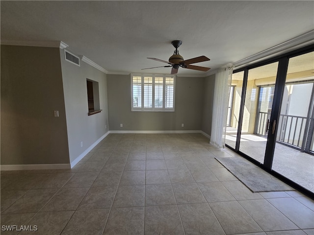 tiled empty room with crown molding and ceiling fan