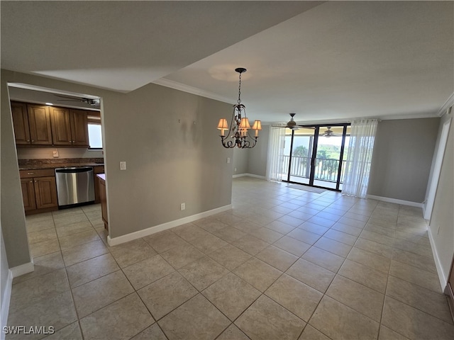 spare room with crown molding, ceiling fan with notable chandelier, and light tile patterned floors