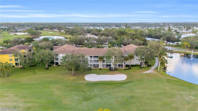 bird's eye view with a water view and golf course view