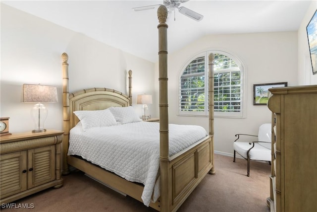 carpeted bedroom featuring ceiling fan and lofted ceiling