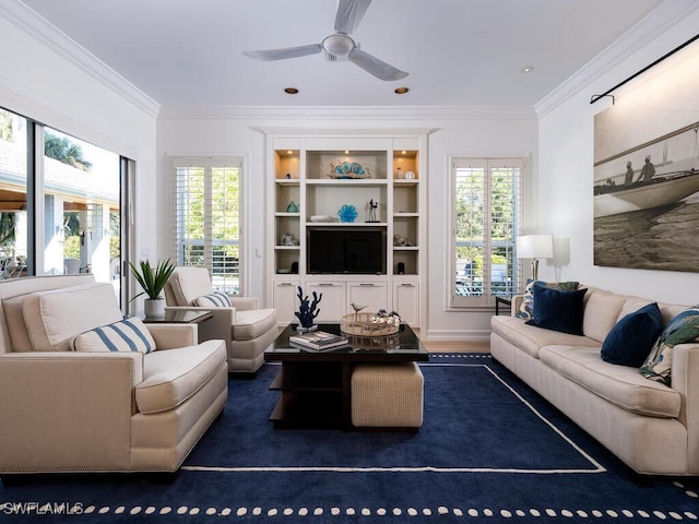 living room featuring crown molding, plenty of natural light, ceiling fan, and dark wood-type flooring