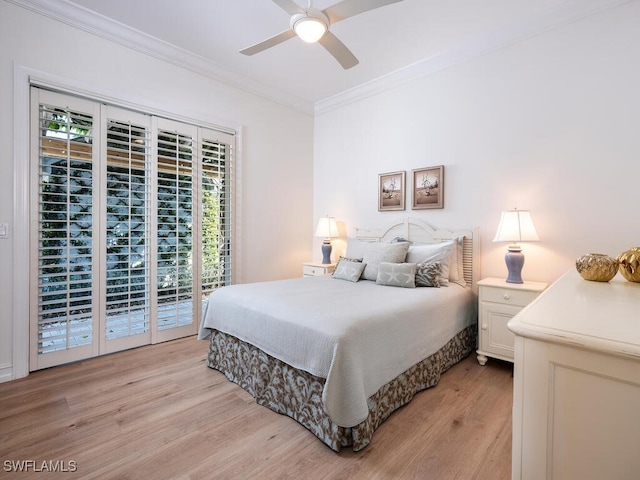 bedroom featuring ceiling fan, light hardwood / wood-style floors, access to exterior, and crown molding