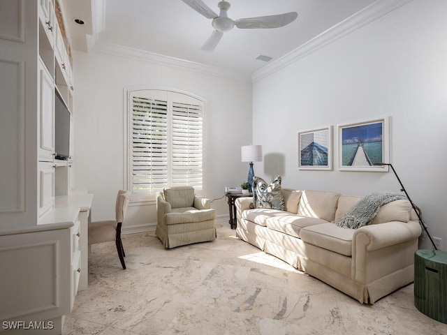 living room featuring crown molding and ceiling fan